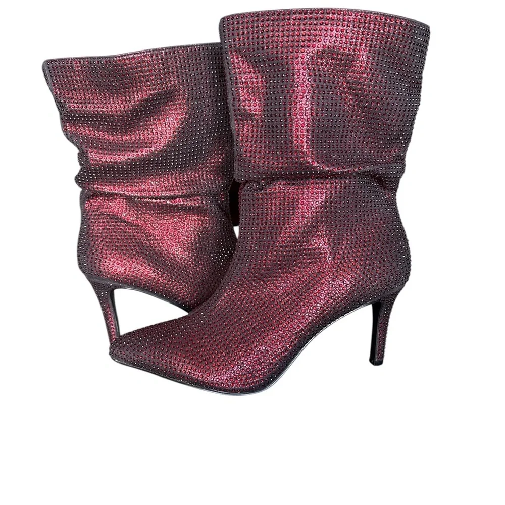 NWT Torrid Red Rhinestone Slouch Boots Size 10W Wide Pointed Toe Kitten Heel - Picture 2 of 11